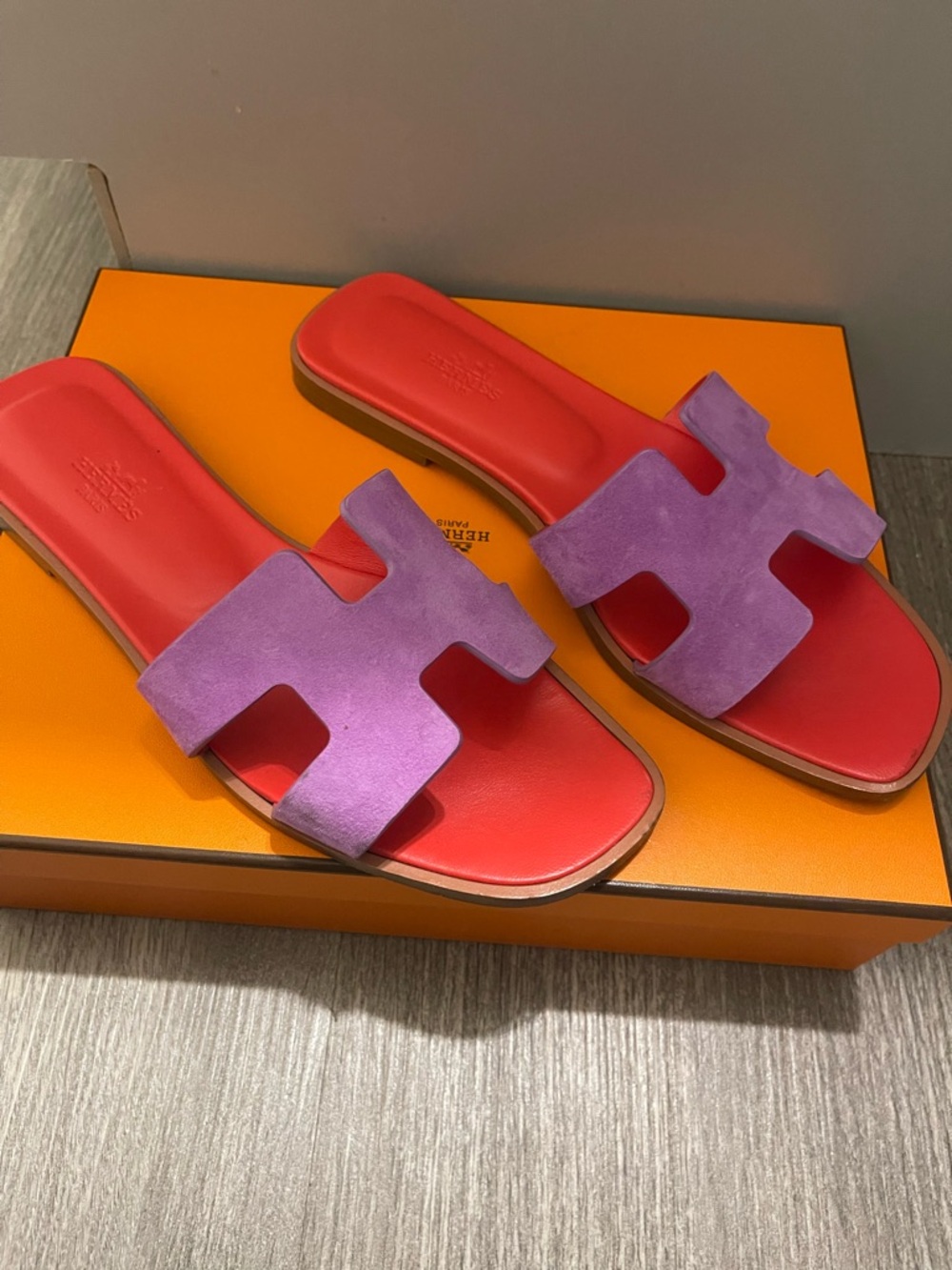 Hermes Purple Suede H‑Cut Slides with Red Footbed - Women - Picture 3 of 4